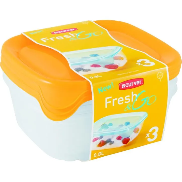 Konyhai kiegészítők CURVER "FRESH&GO" SZÖGLETES ÉTELTARTÓ SZETT 3x0,8L - TRANSZPARENS/NARANCSSÁRGA - Image 1