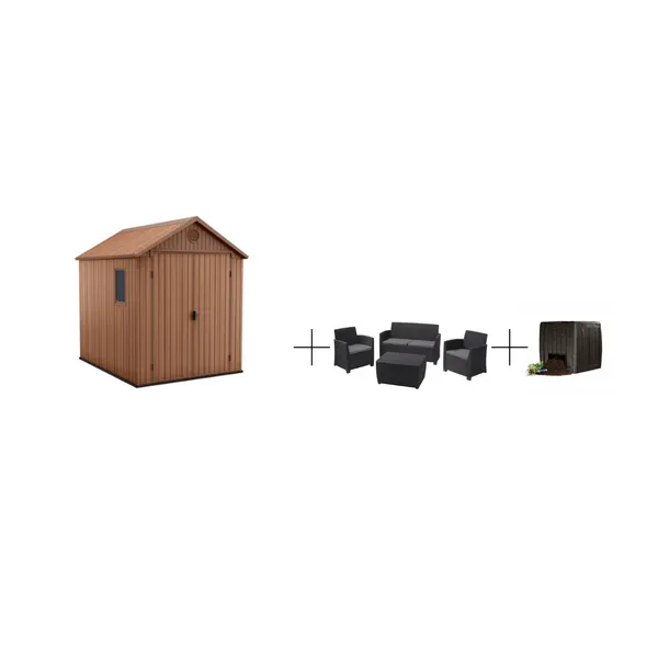 Darwin-angel-deco KETER DARWIN 6X8 BARNA MŰANYAG KERTI HÁZ + AJÁNDÉK ANGEL BÚTOR SZETT ÉS DECO COMPOSTER - Image 1